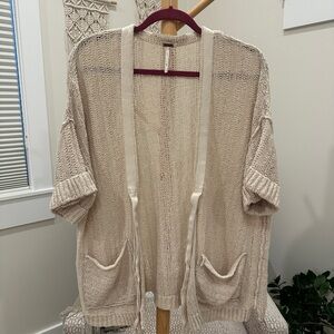 Free People Cream Open Knit Cardigan Pockets Relaxed Fit Women’s